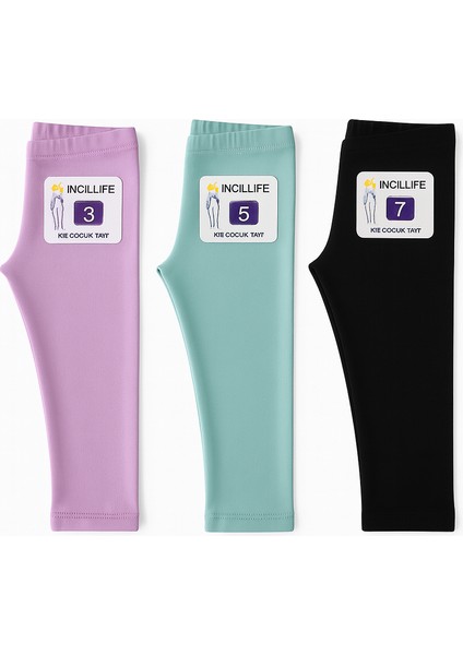 3'lü Set Çocuk Tayt Kışlık Şardonlu – Sıcak ve Konforlu - Siyah & Çağla Yeşili & Lila