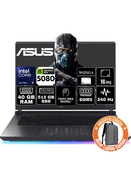 Rog Strix G16 Intel Core Ultra 9 275HX 40GB 512GB SSD RTX5080 16GB 175W Windows 11 Pro 16" 240Hz Wqxga Taşınabilir Bilgisayar G615LW-S5185-A96