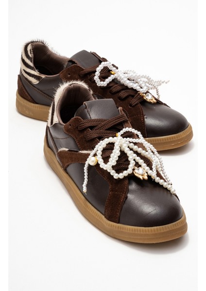 Taren Kahverengi Hakiki Deri Inci Tokalı Kadın Günlük Spor Ayakkabı