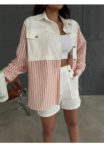 Gabardin Şort - Gabardin - Çizgili Keten Garnili Ceket Takım - Orange modelleri