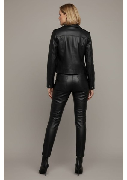 Kadın Siyah Cepli ve Çıtçıt Detaylı Deri Ceket modelleri