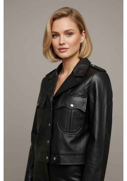 Kadın Siyah Cepli ve Çıtçıt Detaylı Deri Ceket fiyatları