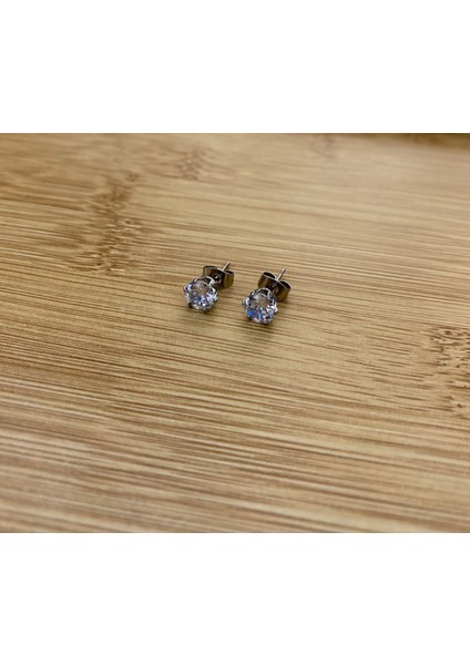 Çelik Gümüş Renk Zirkon Taşlı 5mm Top Küpe