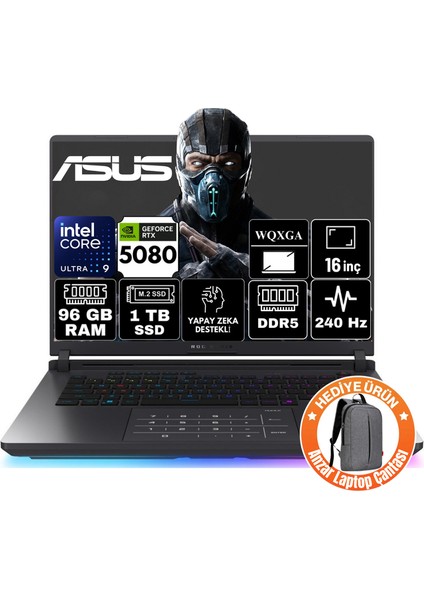 Rog Strix G16 Intel Core Ultra 9 275HX 96GB 1tb SSD RTX5080 16GB 175W Windows 11 Home 16" 240Hz Wqxga Taşınabilir Bilgisayar G615LW-S5185-A72