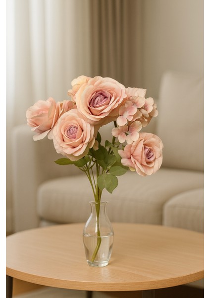 Yapay Çiçek Garnitürlü Lüx 5li Gül Buketi 11 Dal 42 cm Pastel Vizon modelleri