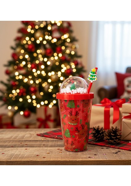 Yılbaşı Temalı Kar Küresi Kapaklı ışıltılı pipetli Bardak 450 ml fiyatları
