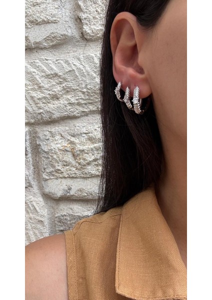 Xuping Ortası Taş Detay Oval 3 Lü Set Silver Küpe