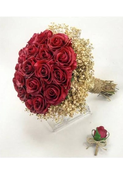 Yeni Gelin Buketi ve Damat Yaka Çiçeği Bordo Gül ve Cipso