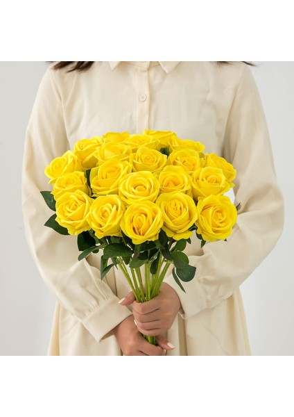 Yapay Kadife 10 Adet Gül Dalı 50 cm Sarı Lüx Ekvator Gül
