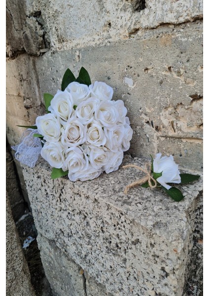 Gelin Buketi 15'li Kadife Gül Beyaz Renk Damat Yaka Çiçeği