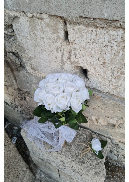 Gelin Buketi 15'li Kadife Gül Beyaz Renk Damat Yaka Çiçeği fiyatları