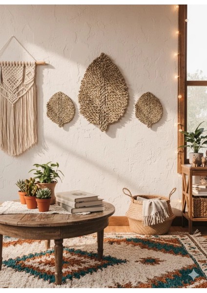 El Yapımı Saz Yaprağı Duvar Aksesuarı Bambu Dekorasyon Natürel Bohem Small