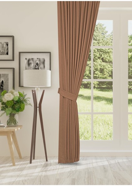 Petek Dokulu Kadife Dokuma Normal (1 x 2.5)Pileli Fon Perde (Sütlü Kahve)