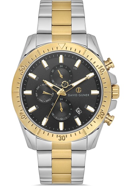 Davıd Guner Sarı Beyaz Kaplamalı Siyah Kadranlı Erkek Kol Saati DG-8737GA-D2