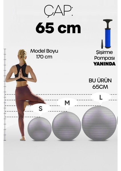 65 cm Pilates Topu ve Pompa Seti | 155-170 cm Boy Için Uygun Dayanıklı Anti-Slip Gri indirimleri