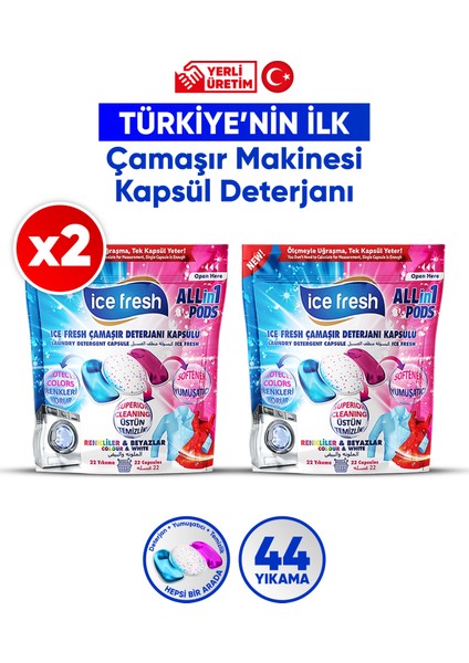 Ice Fresh 2'li Çamaşır Makinesi Deterjanı Kapsül 3’ü 1 Arada Jel Form 44 Yıkama Yerli Üretim Kalıntı Bırakmaz
