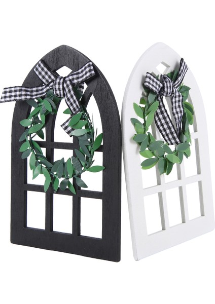 2pcs Ahşap Çiftlik Evi Pencere Katmanlı Tepsi Dekorasyon Ekose Rustik Çiftlik Evi Dekor Katedral Kemer Pencere Raf Fotoğraf Pervane (Yurt Dışından)