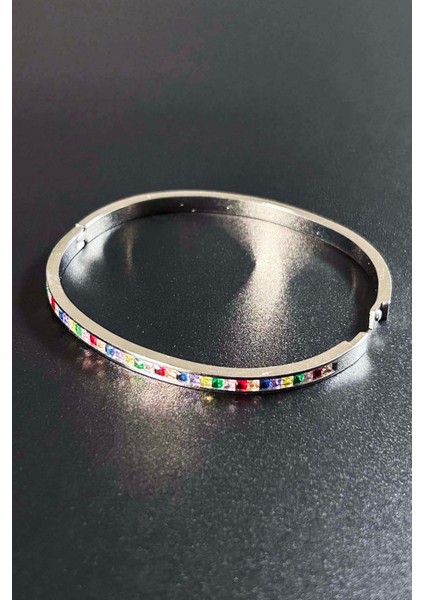 Zirkon Renkli Taşlı, Paslanmaz Çelik Kelepçe 177, Gümüş Renk