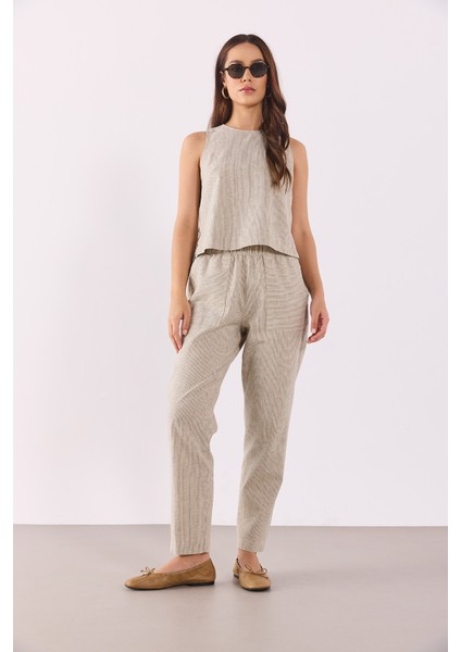 Beli Lastikli Çizgili Keten Pantolon-Haki Çizgili