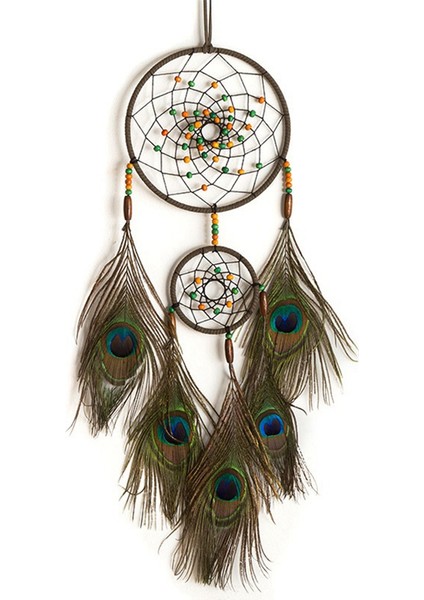 El Yapımı Dreamcatcher Çift Yüzük Dairesel Net Tavus Kuşu Tüy Rüzgar Çanları Araba Iç Kolye Ev Odası (Yurt Dışından)
