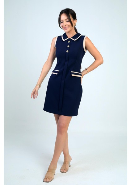 Kadın Metal Düğme Detaylı Garni Biyeli Kısa Elbise