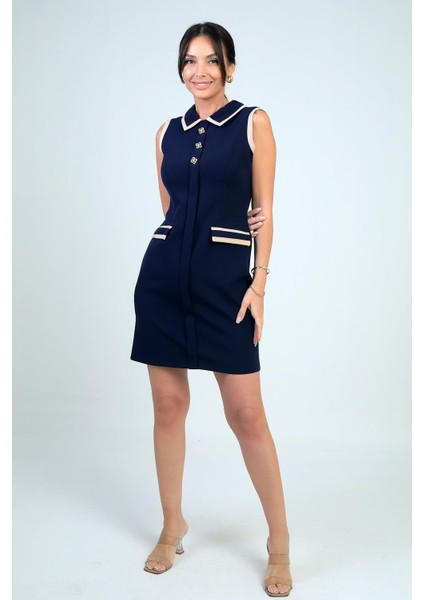 Kadın Metal Düğme Detaylı Garni Biyeli Kısa Elbise fiyatları