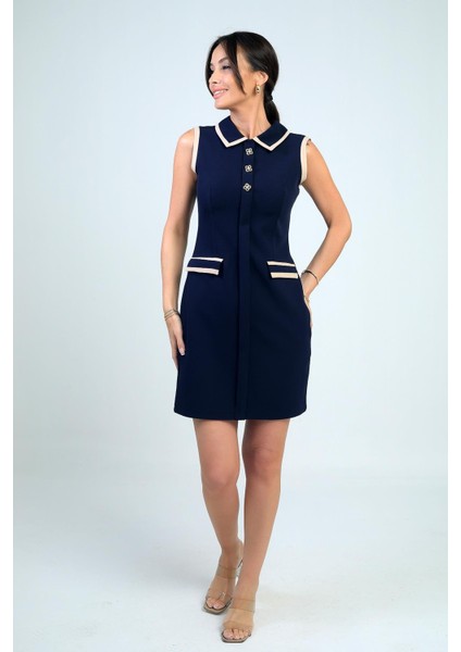 Kadın Metal Düğme Detaylı Garni Biyeli Kısa Elbise modelleri