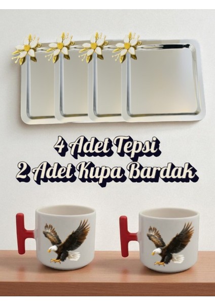 4'lü Papatyalı Tepsi Kahve Sunum Tepsisi 21X21 cm - 2'li Kartallı Kırmızı Kulplu Kahve Bardağı