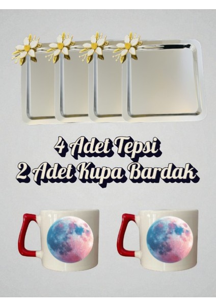 4'lü Papatyalı Tepsi Kahve Sunum Tepsisi 21X21 cm 2'li Aylı Kahve Bardağı Kupa Bardak