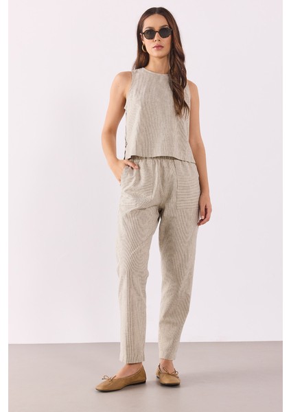 Beli Lastikli Çizgili Keten Pantolon-Haki Çizgili fiyatları