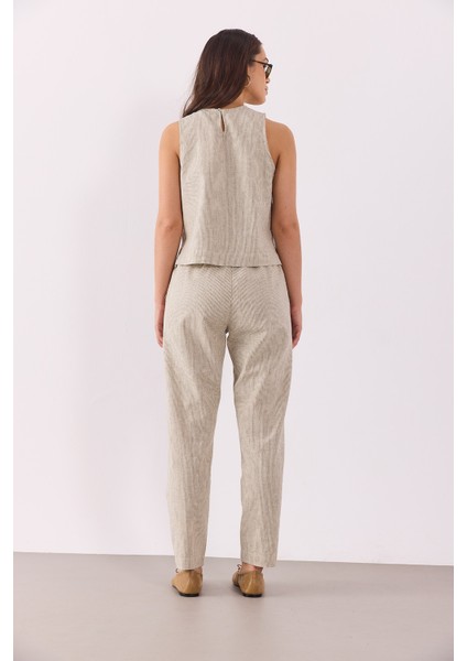 Beli Lastikli Çizgili Keten Pantolon-Haki Çizgili modelleri