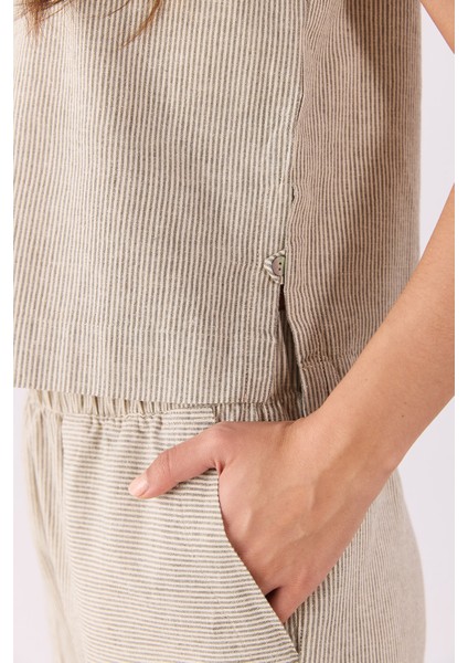 Beli Lastikli Çizgili Keten Pantolon-Haki Çizgili fırsatları