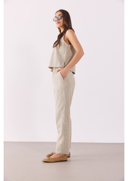 Beli Lastikli Çizgili Keten Pantolon-Haki Çizgili indirimleri