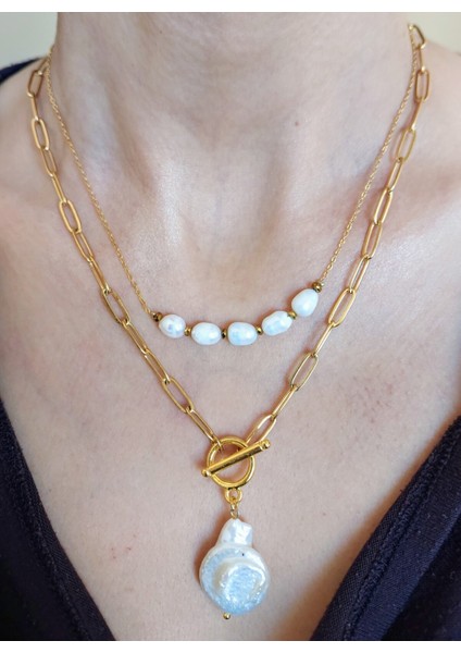 Ikili Doğal Barok Inci Kolye, Altın Renk Zincir