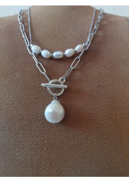 Ikili Doğal Barok Inci Kolye, Altın Renk Zincir modelleri