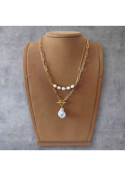 Ikili Doğal Barok Inci Kolye, Altın Renk Zincir fırsatları