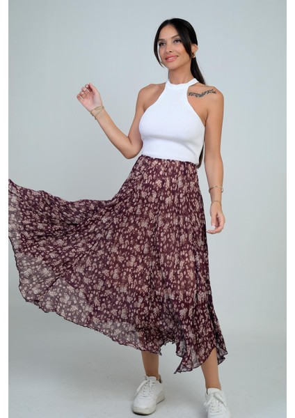 Kadın Beli Lastikli Astarlı Mini Çiçekli Midi Kraşlı Üçgen Etek