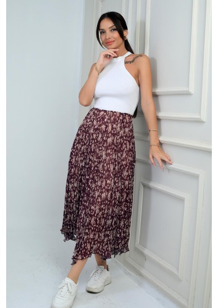 Kadın Beli Lastikli Astarlı Mini Çiçekli Midi Kraşlı Üçgen Etek fiyatları