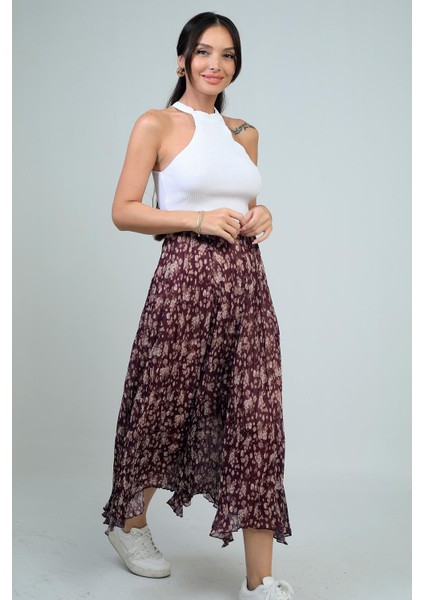 Kadın Beli Lastikli Astarlı Mini Çiçekli Midi Kraşlı Üçgen Etek modelleri