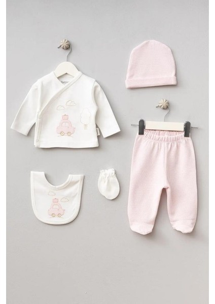 %100 Pamuk Bulutlu Araba Desenli 5 Parça Yenidoğan Hastane Çıkışı Zıbın Seti BBTF.PMB.20109