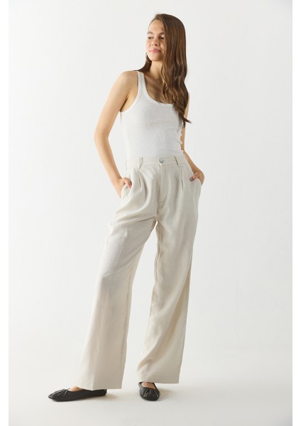 Chloe Wide Leg Keten Palazzo Pantolon-Ekru