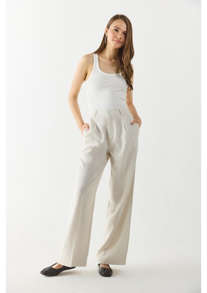 Chloe Wide Leg Keten Palazzo Pantolon-Ekru fiyatları