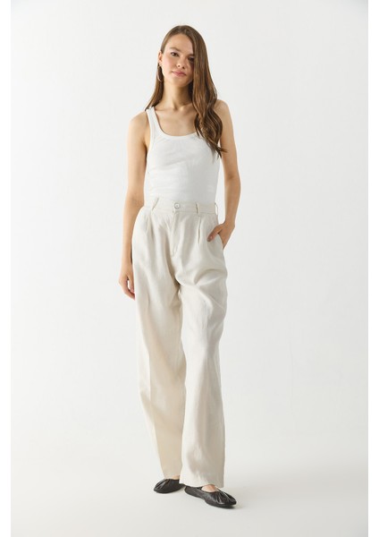 Chloe Wide Leg Keten Palazzo Pantolon-Ekru fırsatları