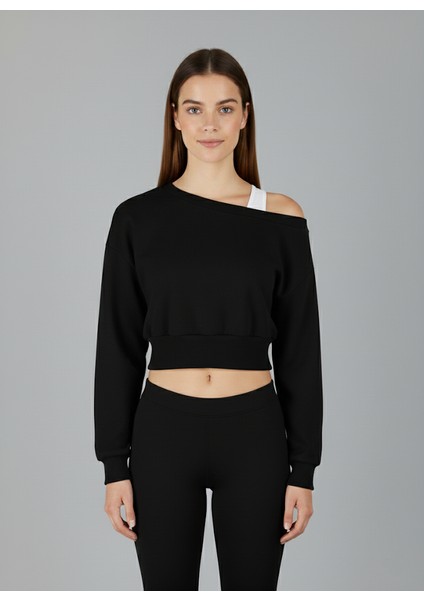 Askılı Modern Basic Omuzu Açık Siyah Sweatshirt | Reglan Kol Kesim