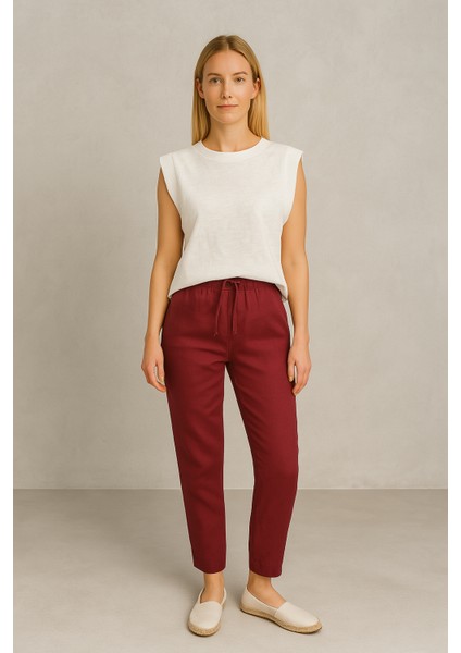 Alian Beli Lastikli Keten Beach Pantolon-Bordo