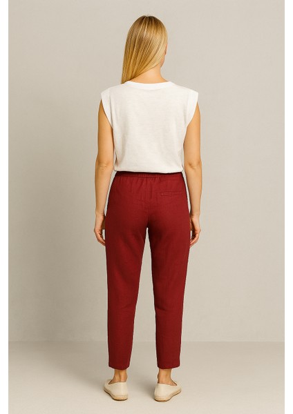 Alian Beli Lastikli Keten Beach Pantolon-Bordo fiyatları