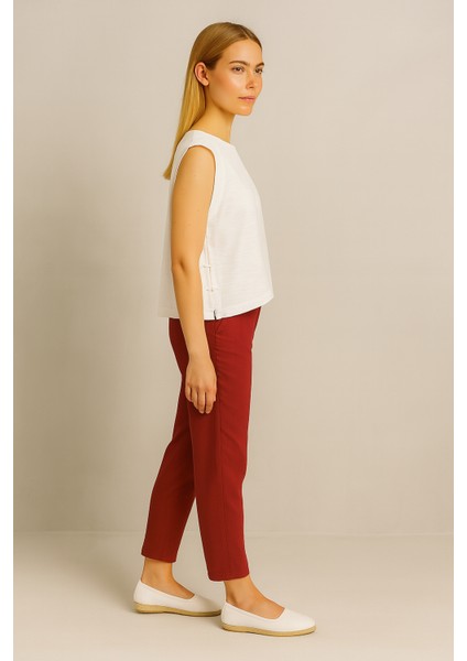 Alian Beli Lastikli Keten Beach Pantolon-Bordo modelleri