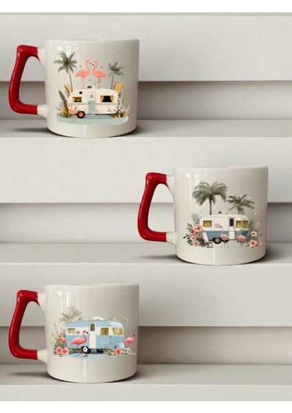 Flamengo ve Karavan Baskılı 3'lü Seramik Kırmızı Kulplu Kupa Bardak - Ev Mutfak Ofis Işyeri Eşyası