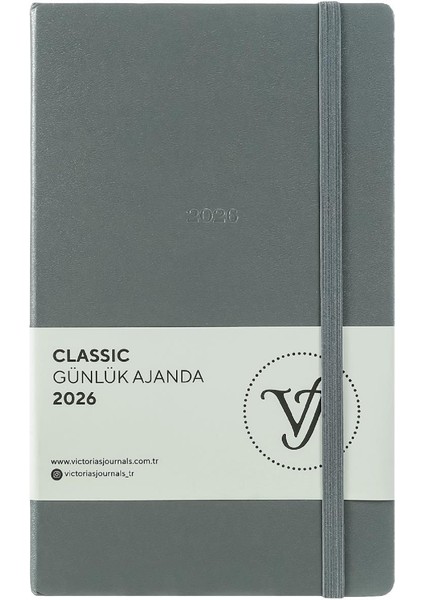 Classic 2026 Günlük Ajanda 13X21 cm Sert Kapak Ivory 70 gr 384 Sayfa Cepli Lastikli Gri