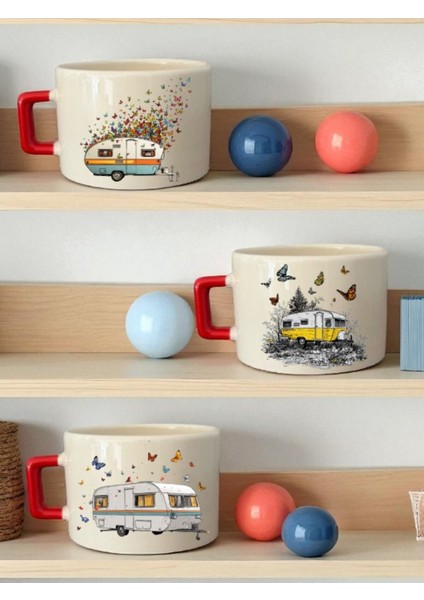 Kelebek ve Karavan Baskılı 3'lü Seramik Kupa Bardak - Ev Mutfak Ofis Işyeri Hediyesi Eşyası